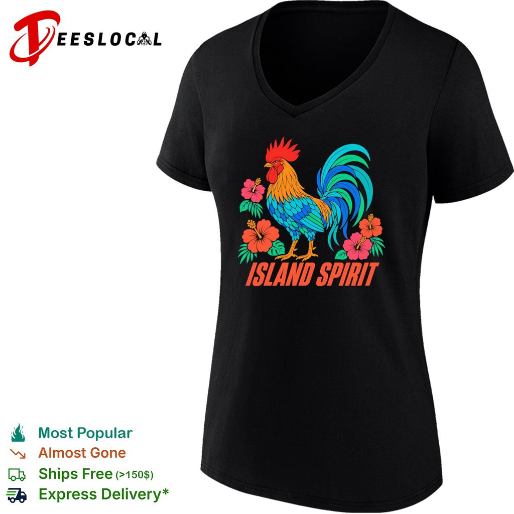 Island Spirit rooster with hibiscus flowers shirt