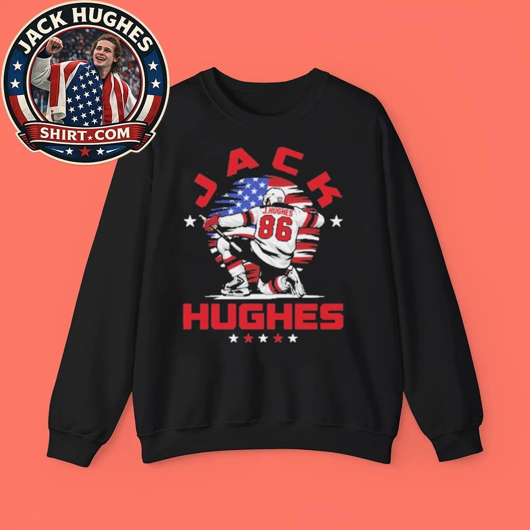 Jack Hughes 86 New Jersey USA Flag Celebration Shirt
