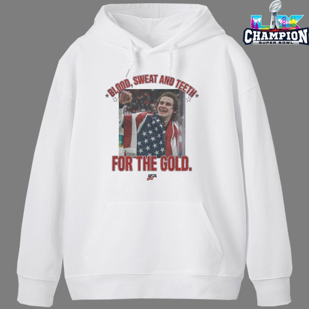 Jack Hughes Blood Sweat And Teeth For The Gold USA 2026 Hockey Champions T-shirts