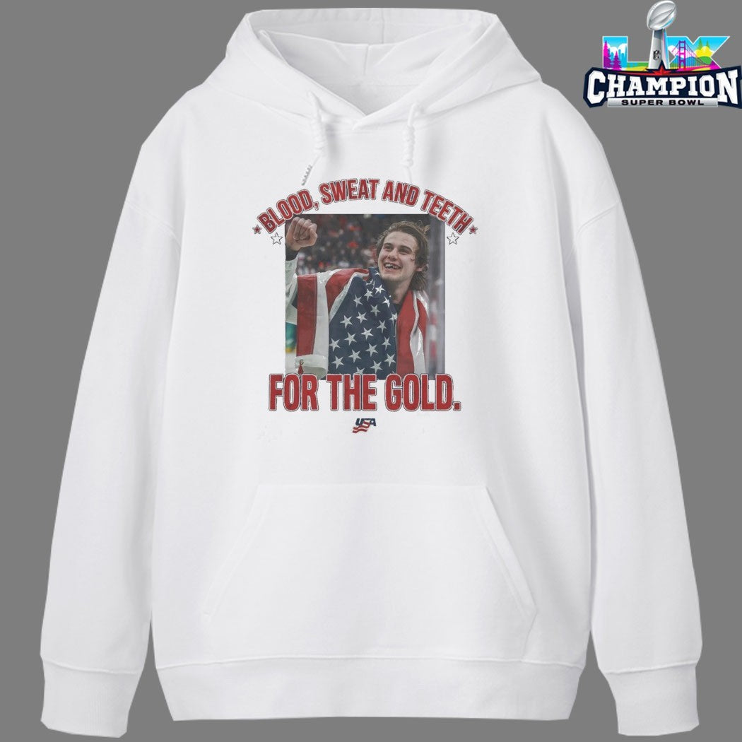 Jack Hughes Blood Sweat And Teeth For The Gold USA 2026 Hockey Champions T-shirts