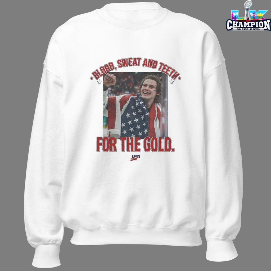Jack Hughes Blood Sweat And Teeth For The Gold USA 2026 Hockey Champions T-shirts