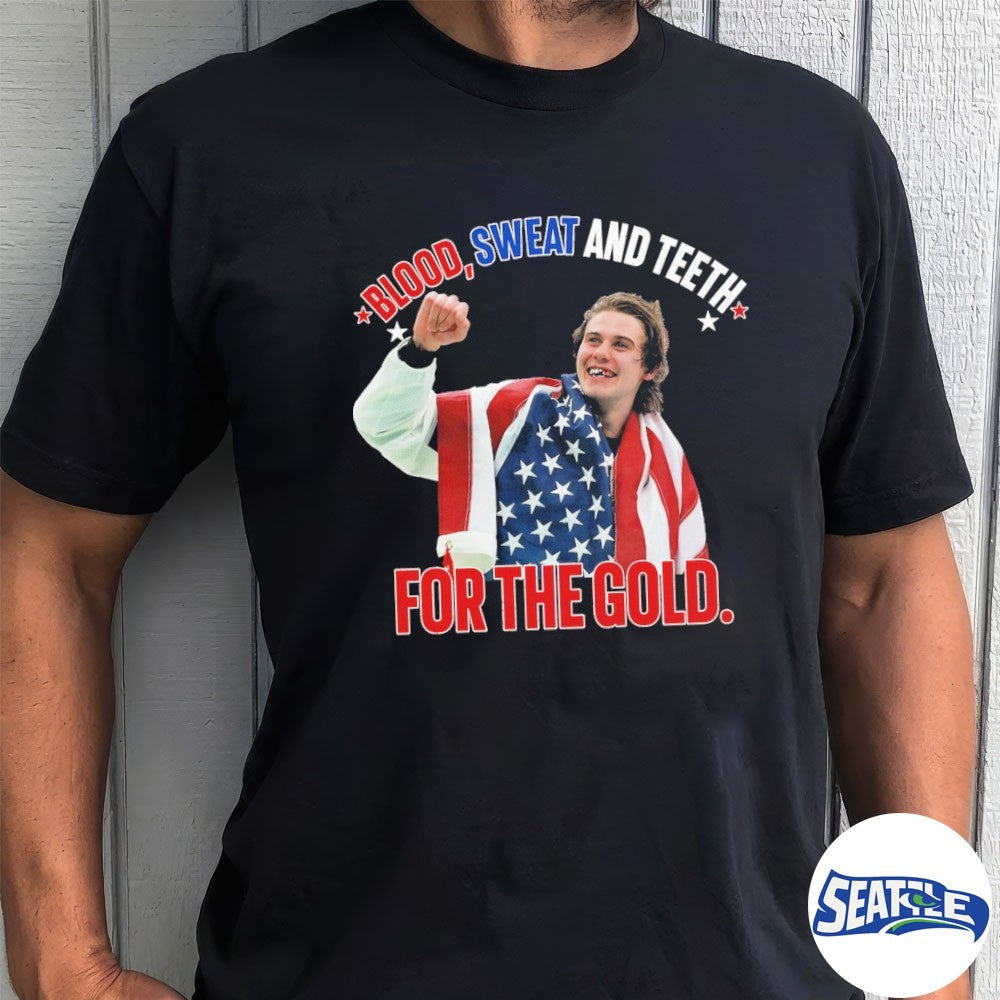 Jack Hughes Blood Sweat and Teeth For The Gold USA Hockey 2026 Olympics Black shirt