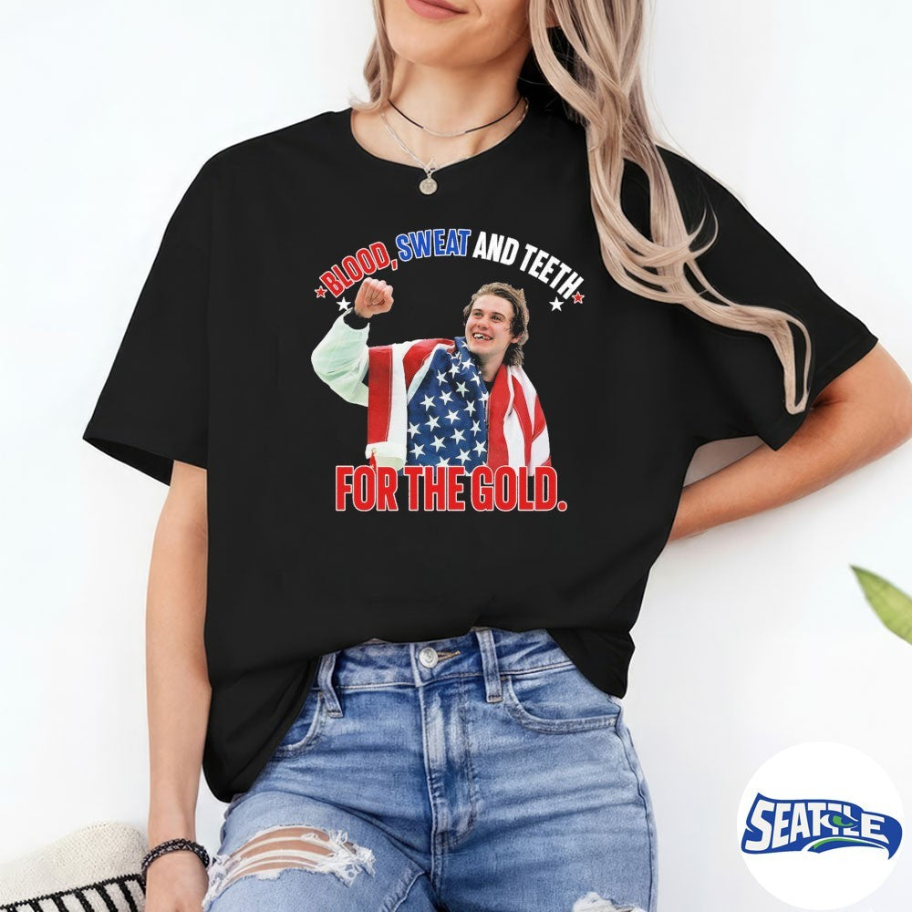 Jack Hughes Blood Sweat and Teeth For The Gold USA Hockey 2026 Olympics Black shirt