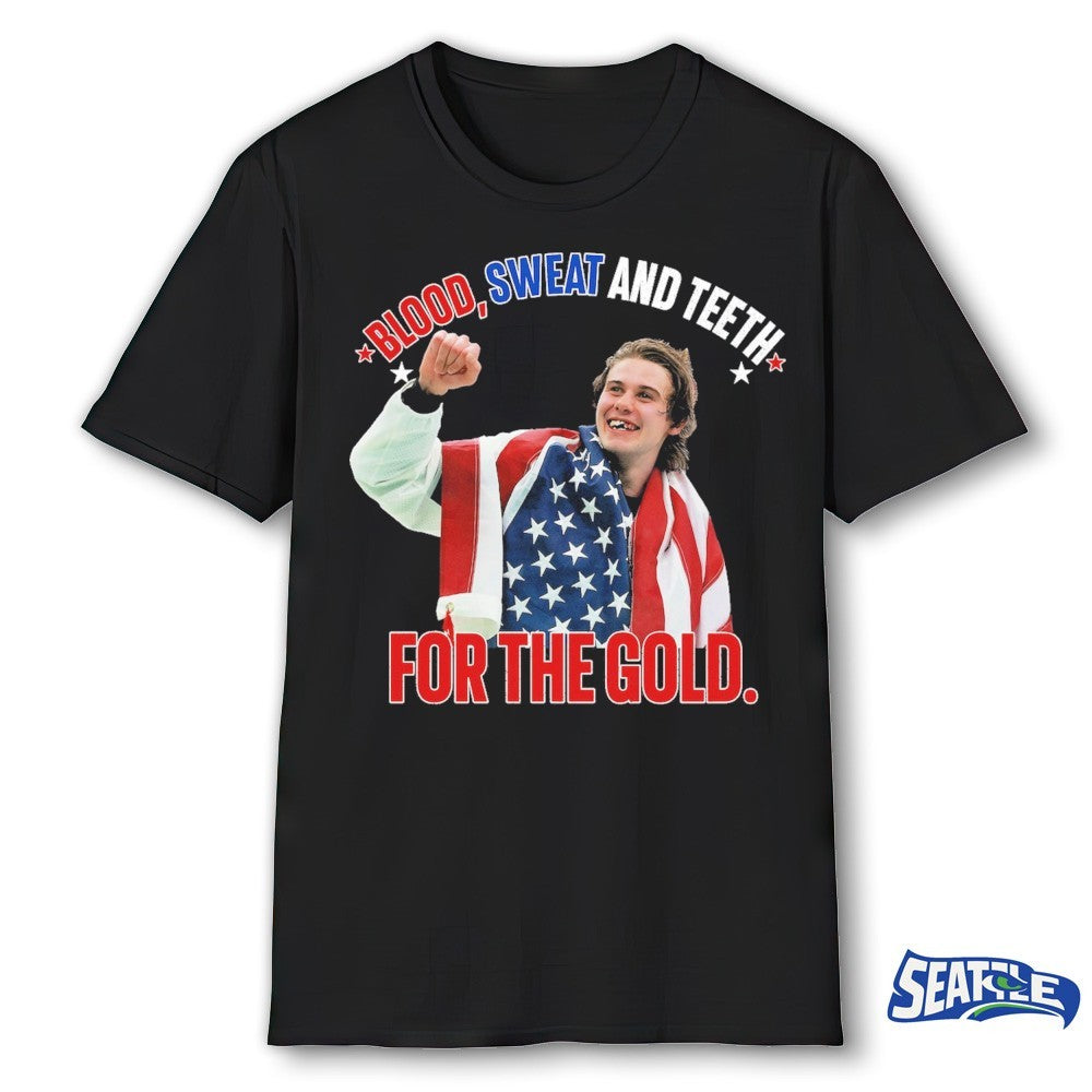 Jack Hughes Blood Sweat and Teeth For The Gold USA Hockey 2026 Olympics Black shirt