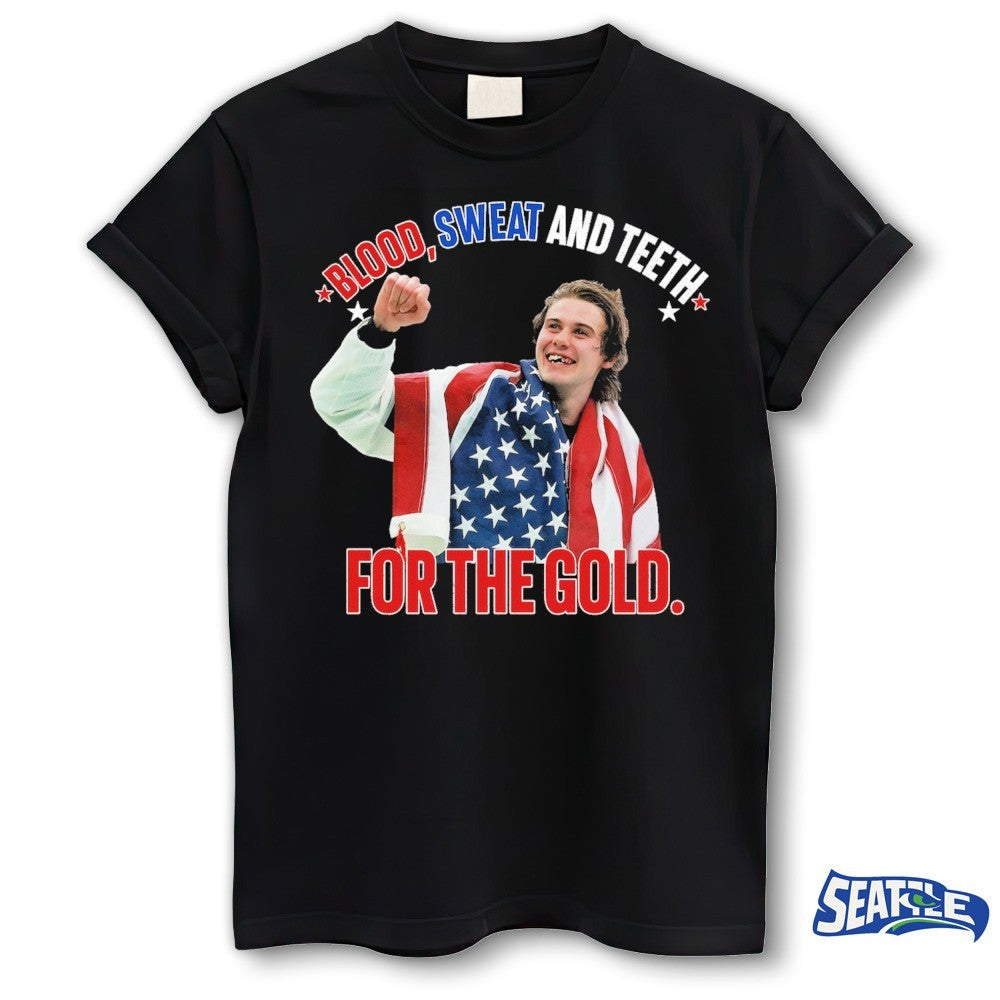 Jack Hughes Blood Sweat and Teeth For The Gold USA Hockey 2026 Olympics Black shirt