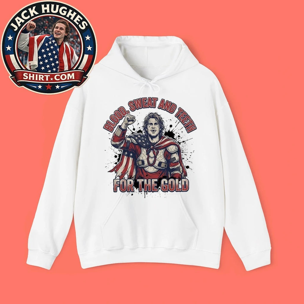Jack Hughes Bloody Blood Sweat and Teeth for the Gold USA Hockey Graphic T-Shirt