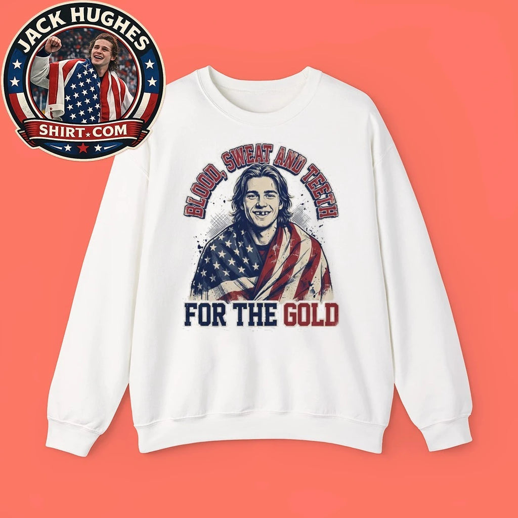 Jack Hughes Bloody Blood Sweat and Teeth for the Gold USA Hockey Olympic Golden Goal Shirt
