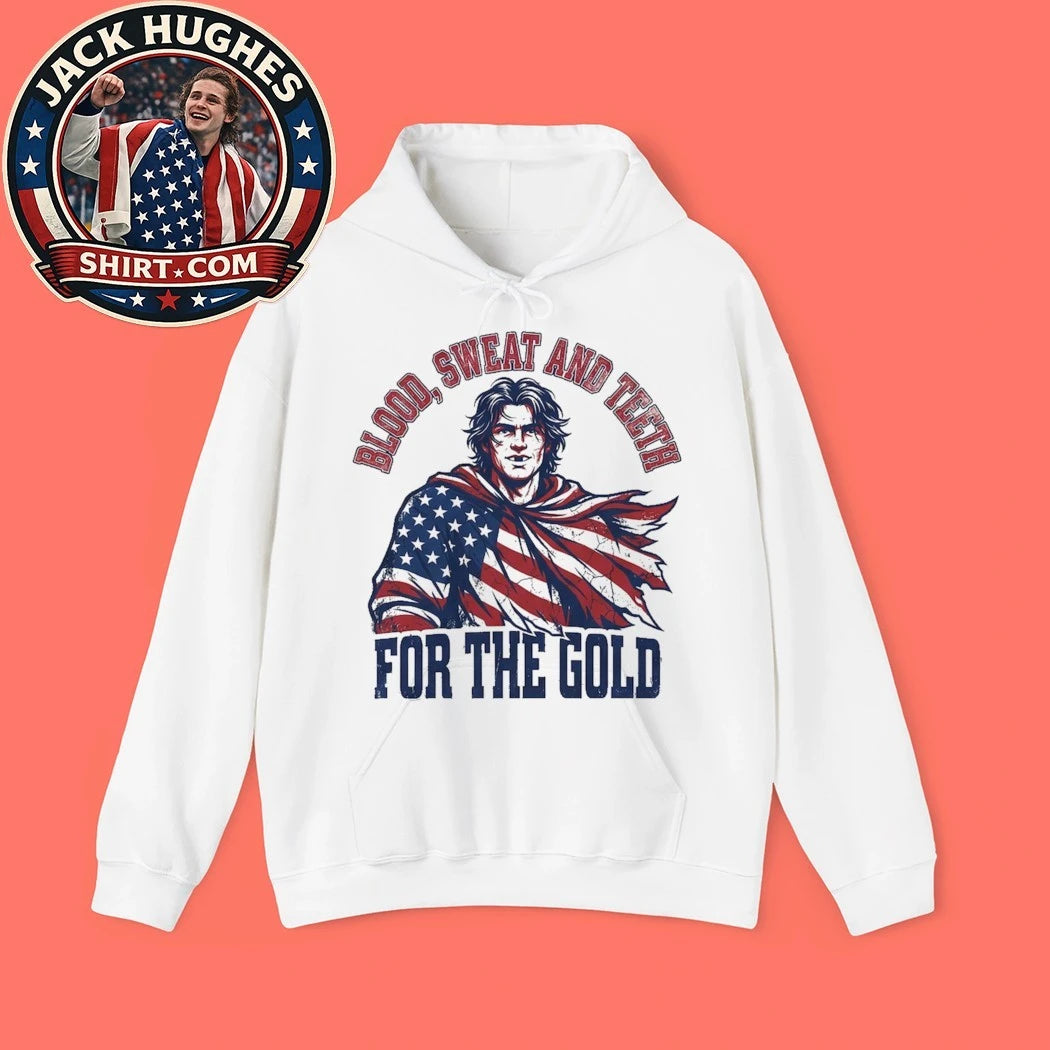 Jack Hughes Bloody Blood Sweat and Teeth for the Gold USA Hockey Olympic Golden Goal Trending T-Shirt