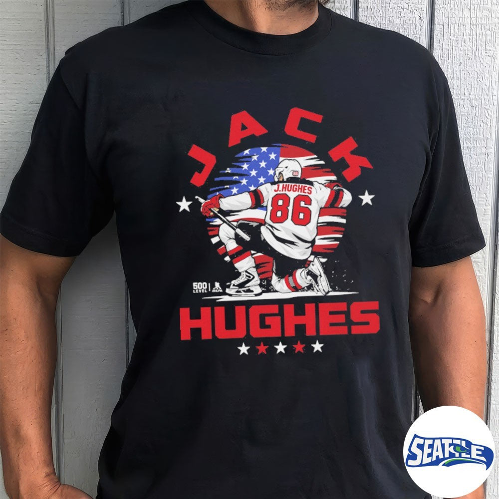 Jack Hughes New Jersey Devils Hockey USA Flag Celebration shirt
