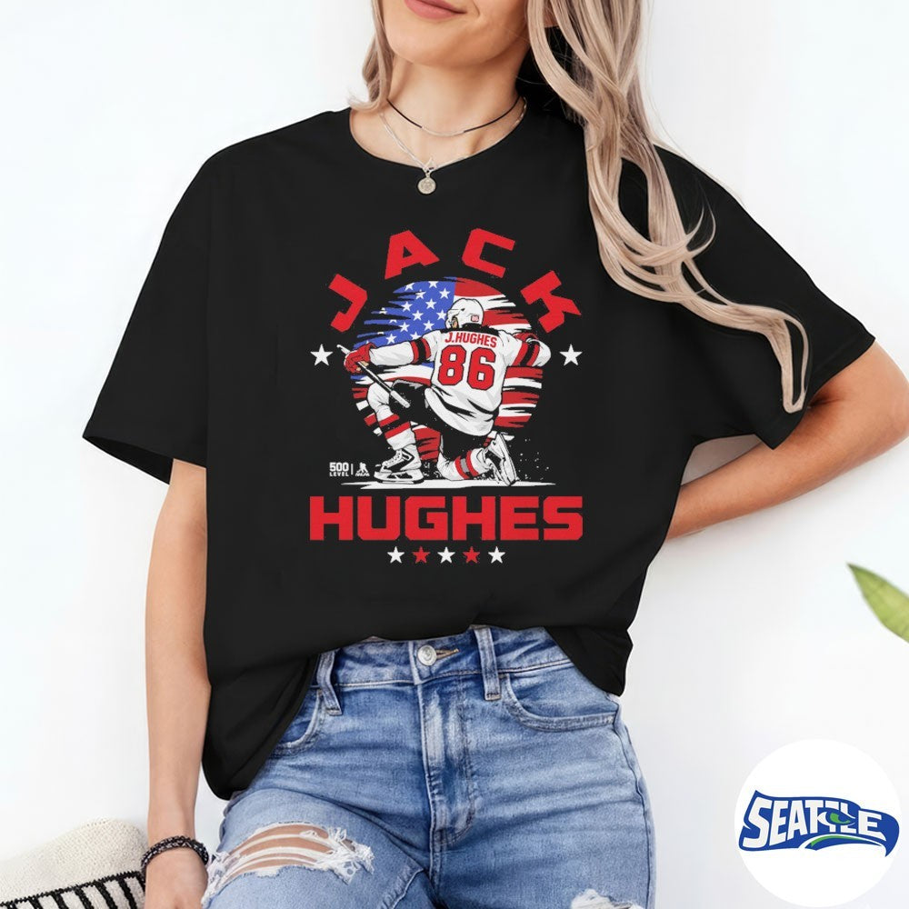 Jack Hughes New Jersey Devils Hockey USA Flag Celebration shirt