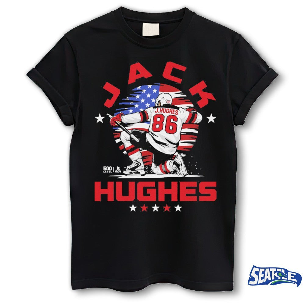 Jack Hughes New Jersey Devils Hockey USA Flag Celebration shirt