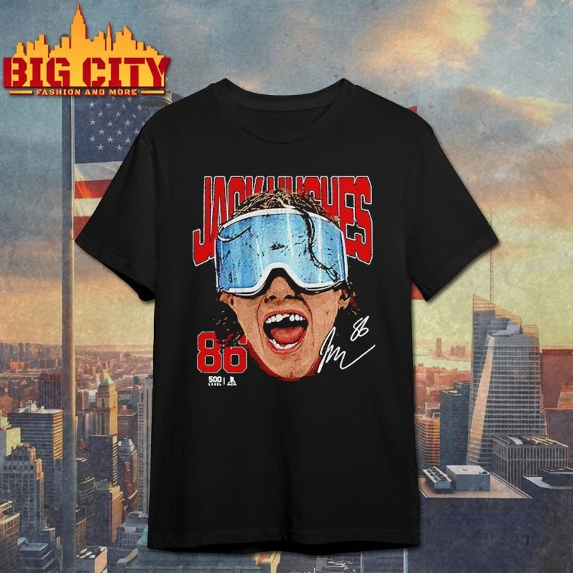 Jack Hughes New Jersey Goggles signature t-shirt