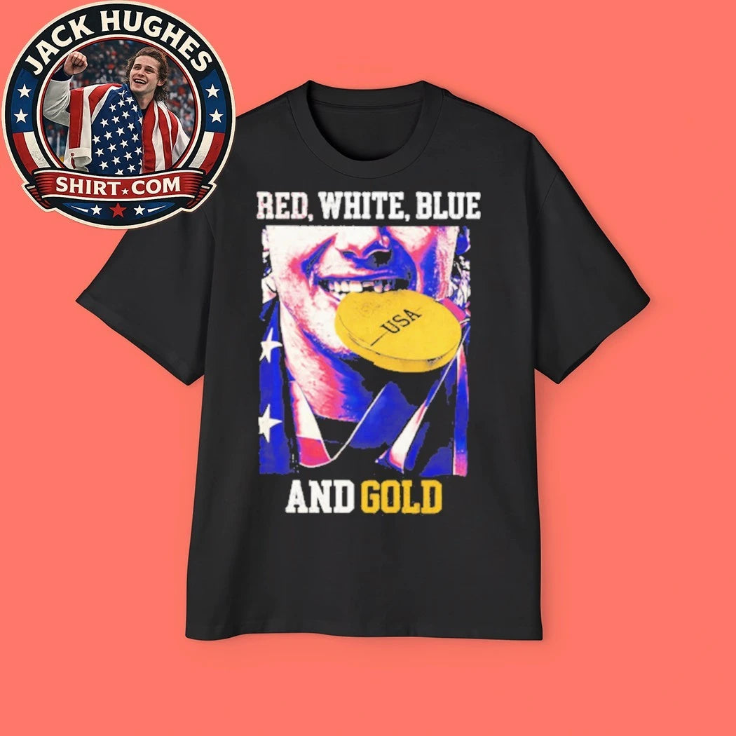 Jack Hughes Red White Blue and Gold USA Hockey 2026 Winter Olympics Graphic T-Shirt