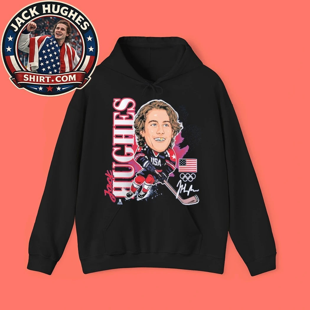 Jack Hughes USA Hockey Fanatics Gold Medal Caricature Signature New T-Shirt
