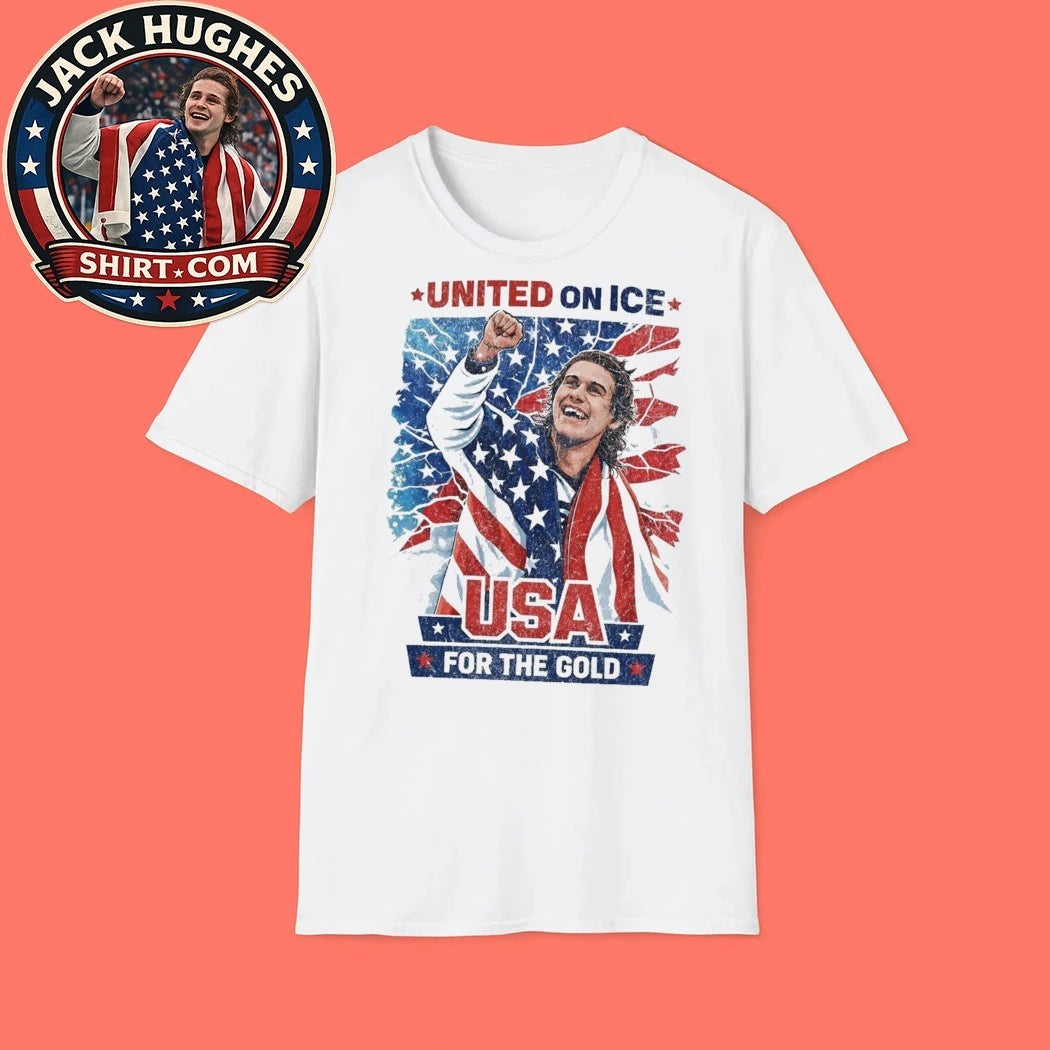 Jack Hughes USA Hockey For The Gold United On Ice Patriotic Hockey Fan Trending T-Shirt