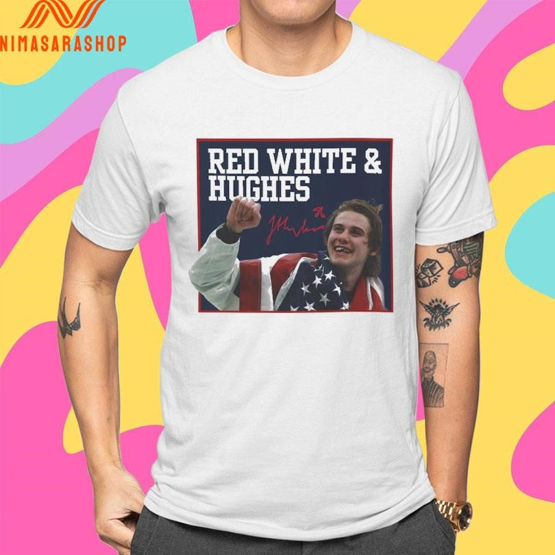 Jack Hughes USA Hockey Golden Goal 2026 Red, White And Hughes Hockey Shirts