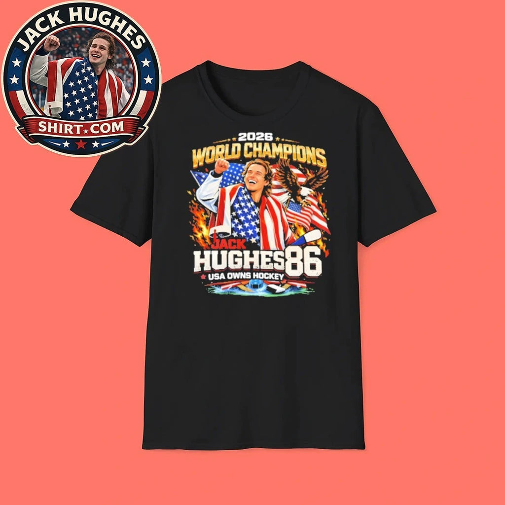 Jack Hughes USA Owns Hockey Fanatics Gold Medal Caricature New T-Shirt