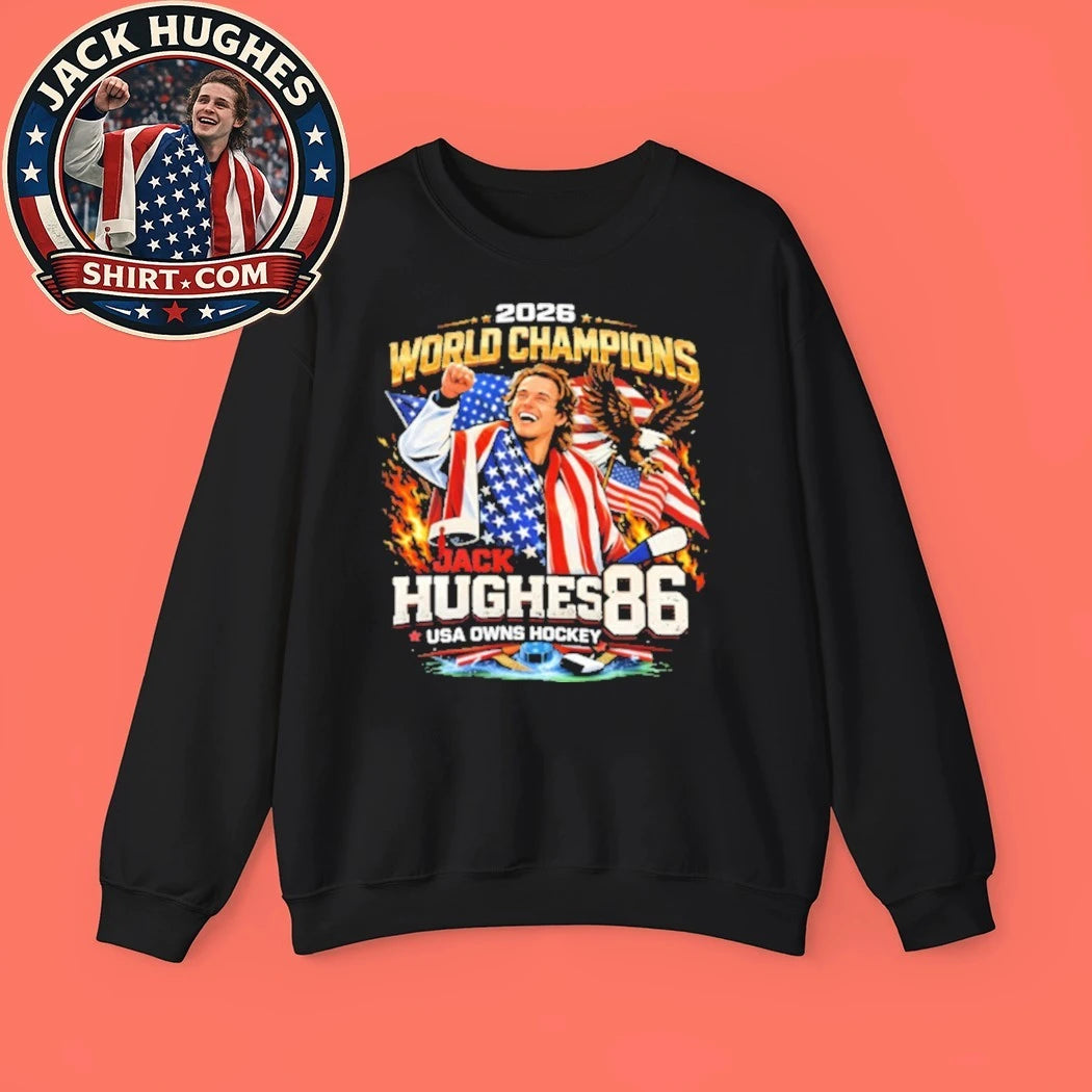 Jack Hughes USA Owns Hockey Fanatics Gold Medal Caricature New T-Shirt