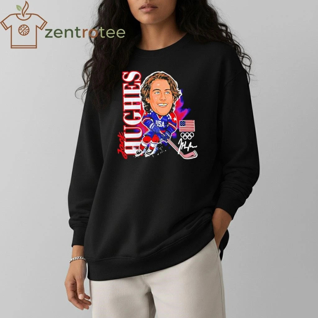 Jack Hughes Usa Hockey Gold Medal Player Caricature Signature tee