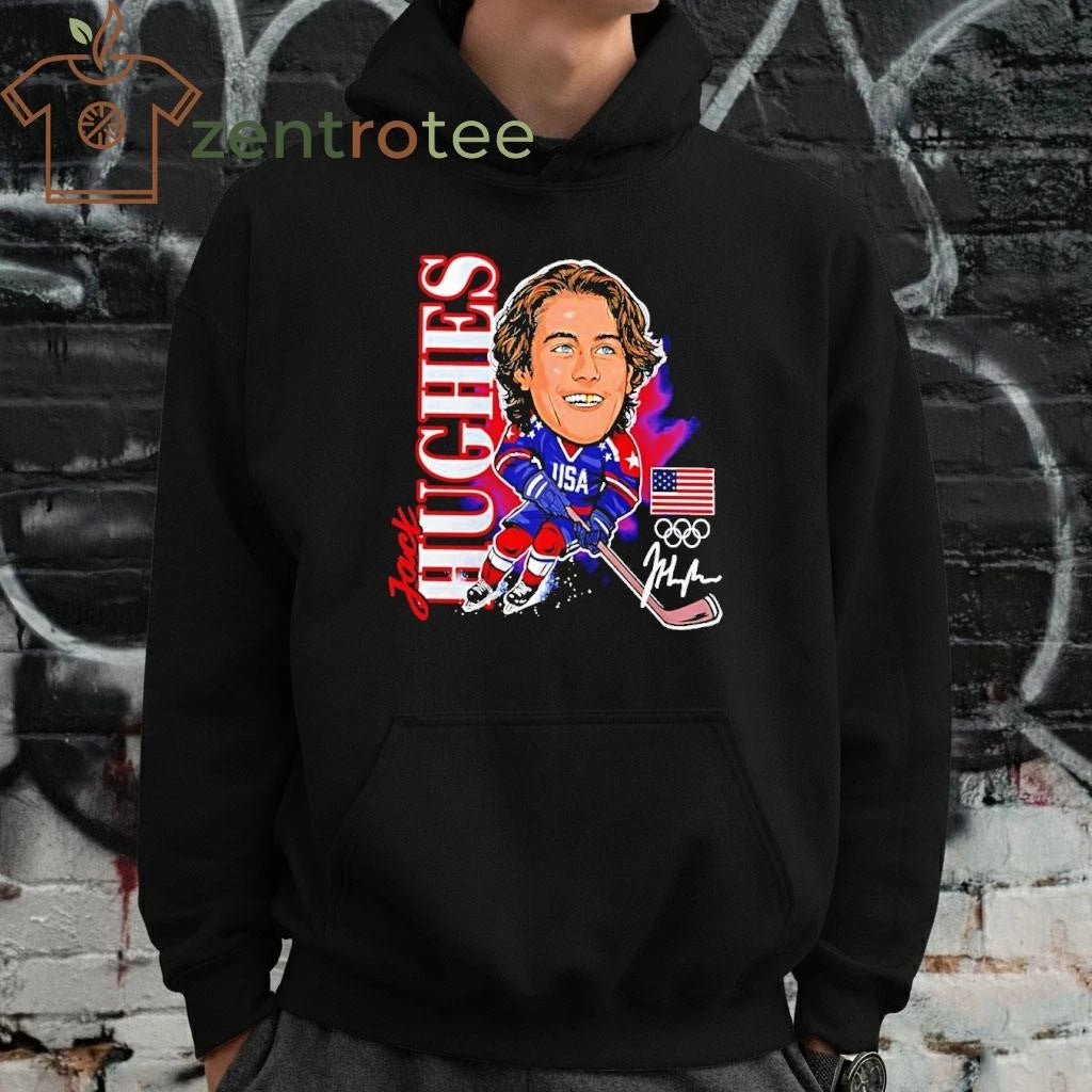 Jack Hughes Usa Hockey Gold Medal Player Caricature Signature tee