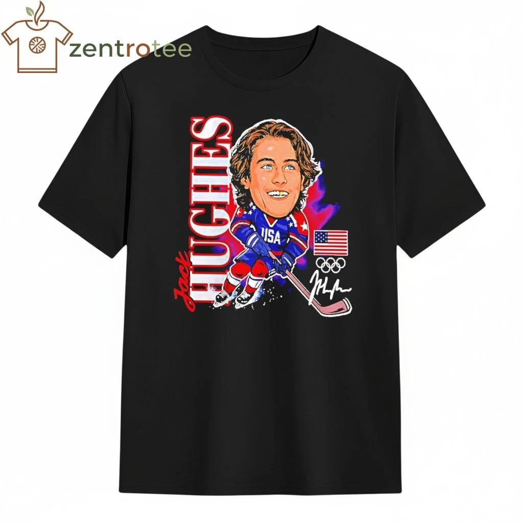 Jack Hughes Usa Hockey Gold Medal Player Caricature Signature tee