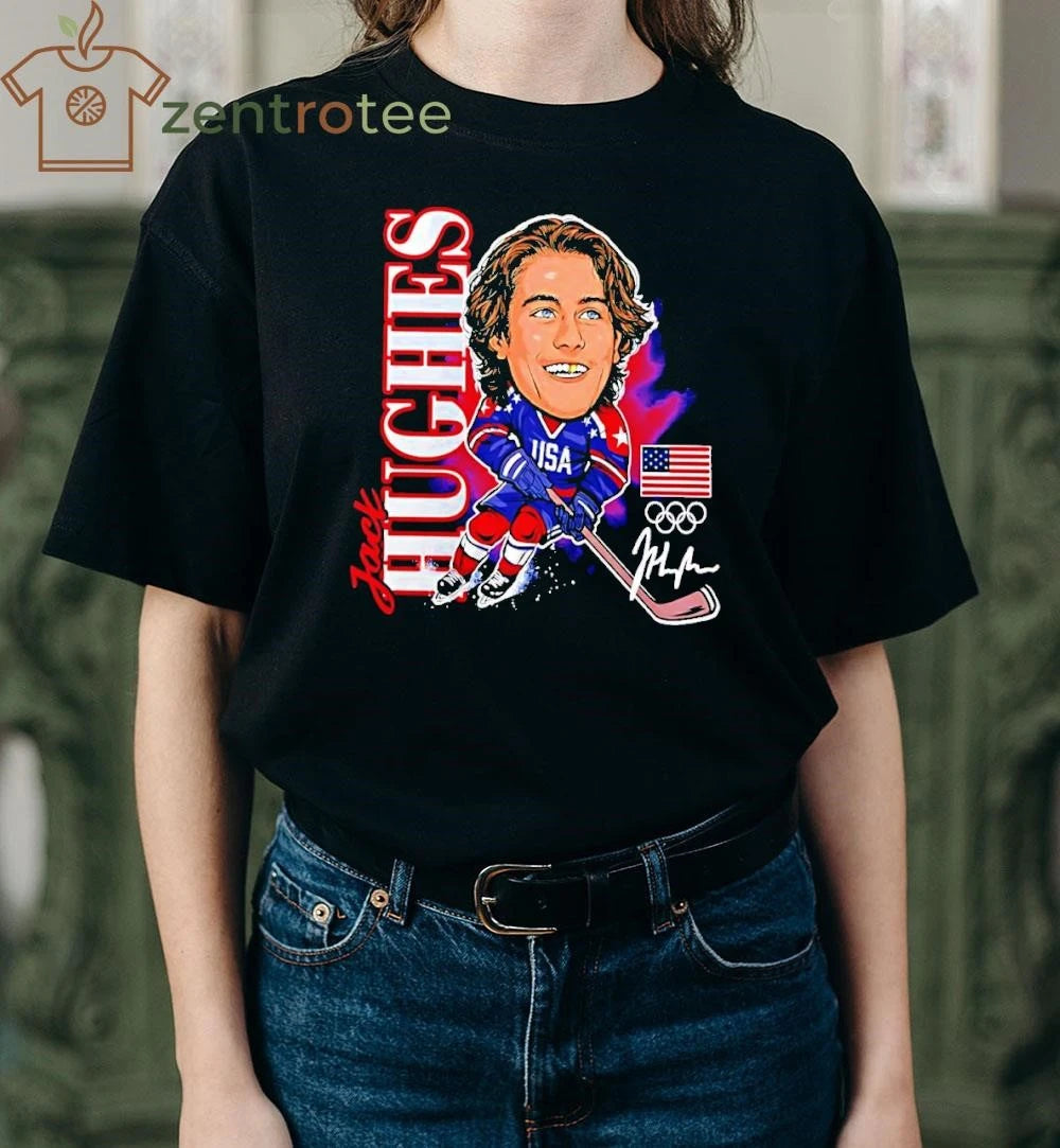 Jack Hughes Usa Hockey Gold Medal Player Caricature Signature tee