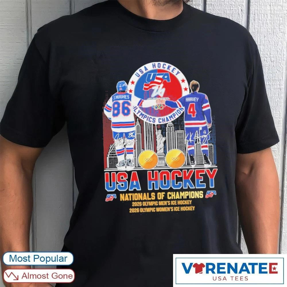 Jack Hughes and Adam Fox Harvey USA Hockey National Of Champions Signatures shirt