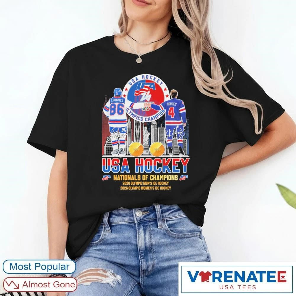 Jack Hughes and Adam Fox Harvey USA Hockey National Of Champions Signatures shirt