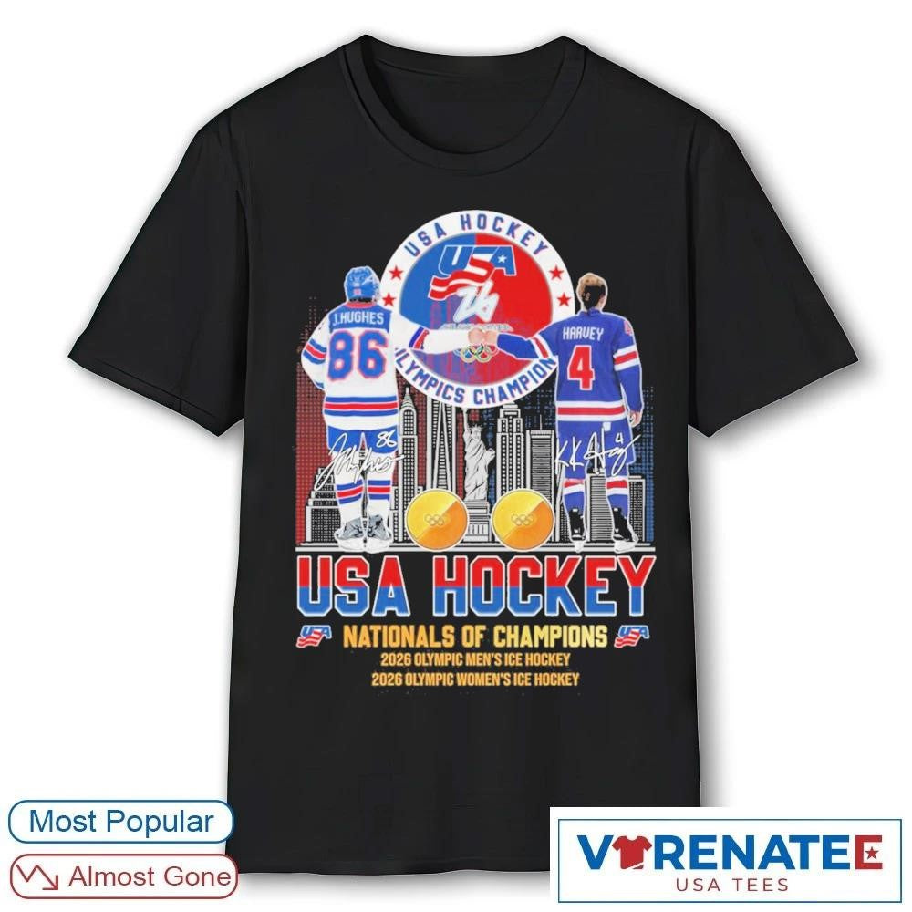 Jack Hughes and Adam Fox Harvey USA Hockey National Of Champions Signatures shirt