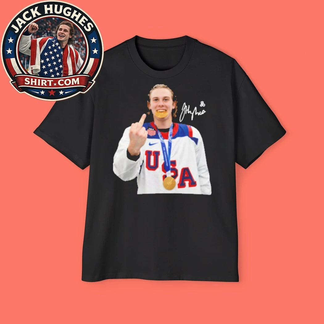Jack Hughes middle finger, gold medal Signature 2026 Graphic T-Shirt