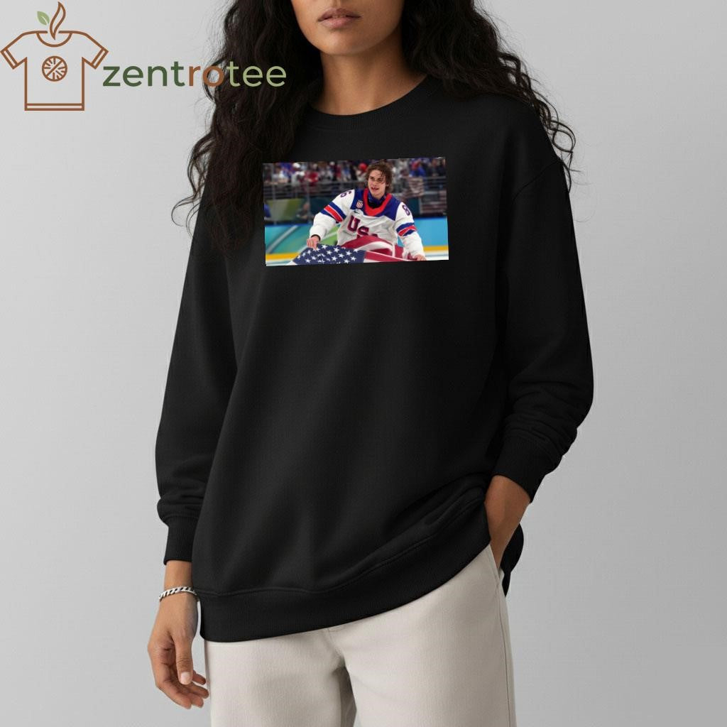 Jack hughes hold US flag shirt