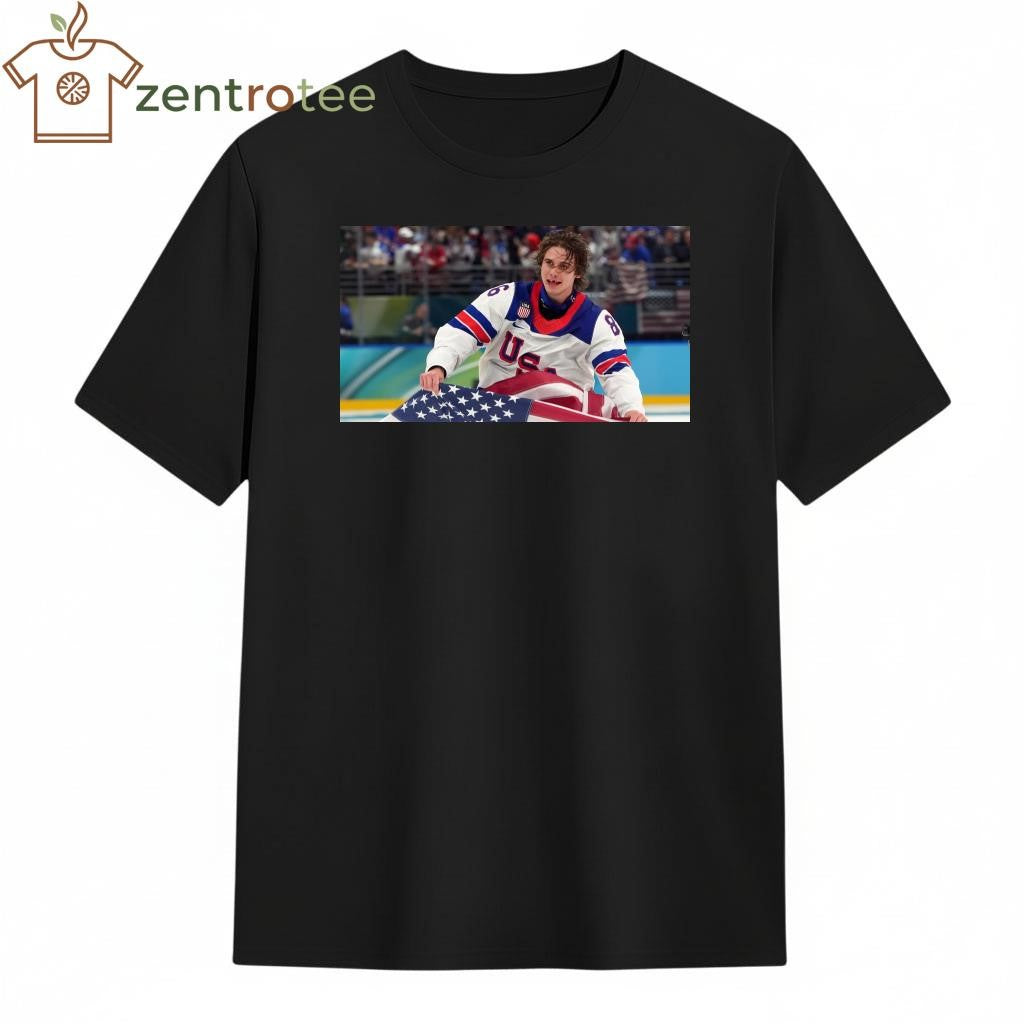 Jack hughes hold US flag shirt