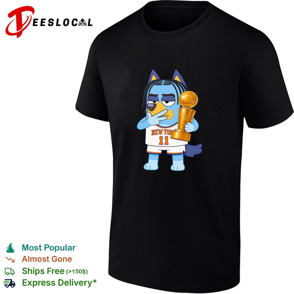 Jalen Brunson 11 New York Knicks x Bluey holding NBA championship trophy shirt
