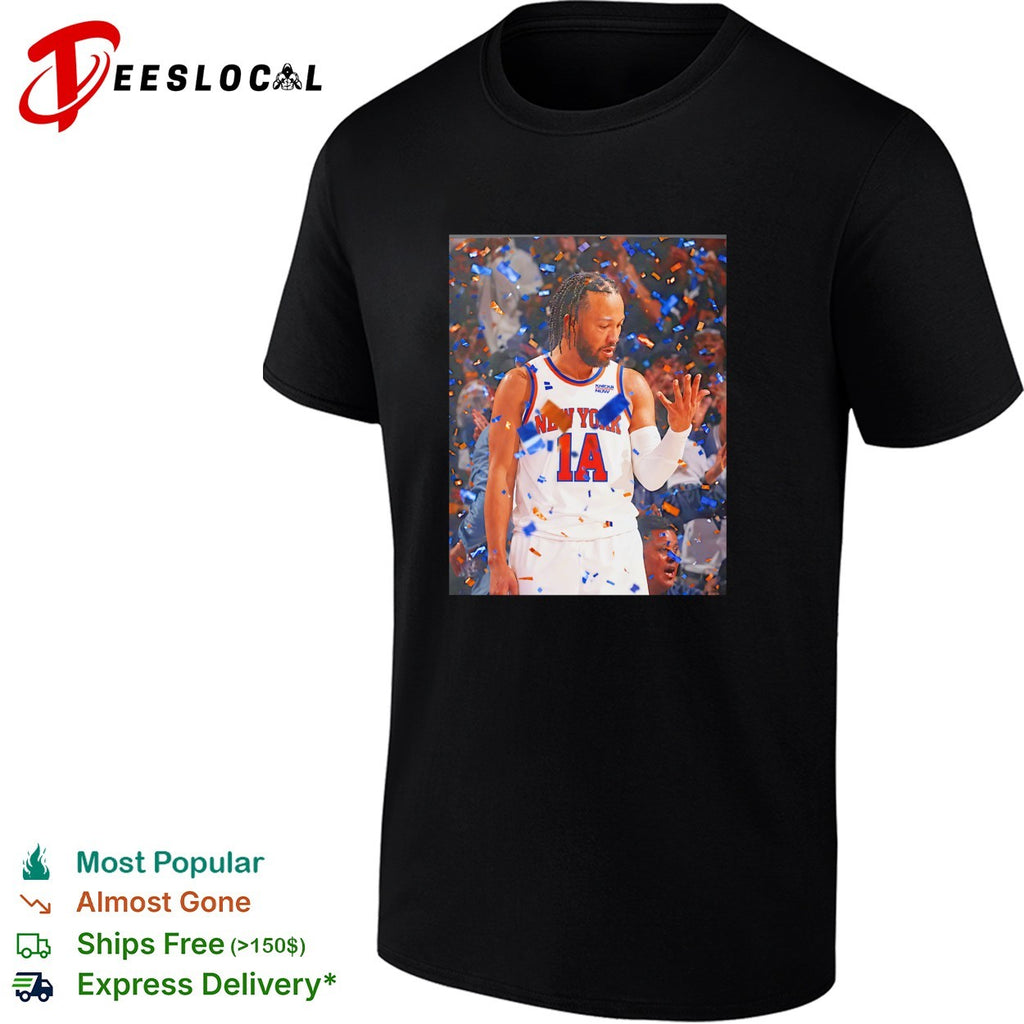 Jalen Brunson New York Knicks confetti championship celebration action photo shirt