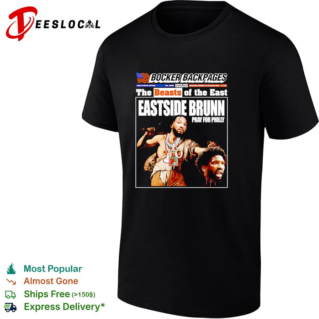 Jalen Brunson New York Knicks vs Joel Embiid head Philadelphia 76ers Eastside Brunn pray for Philly shirt