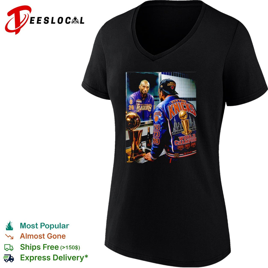 Jalen Brunson and Kobe Bryant in mirror New York Knicks NBA 2026 World Champion Jeff Hamilton shirt