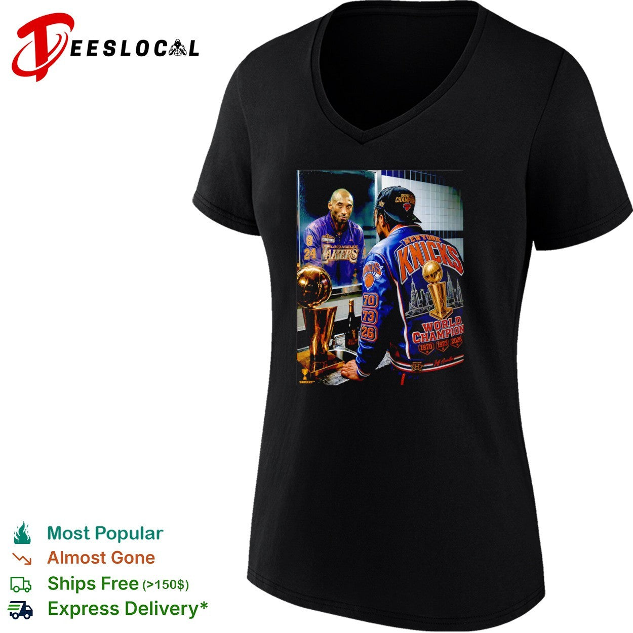 Jalen Brunson and Kobe Bryant in mirror New York Knicks NBA 2026 World Champion Jeff Hamilton shirt