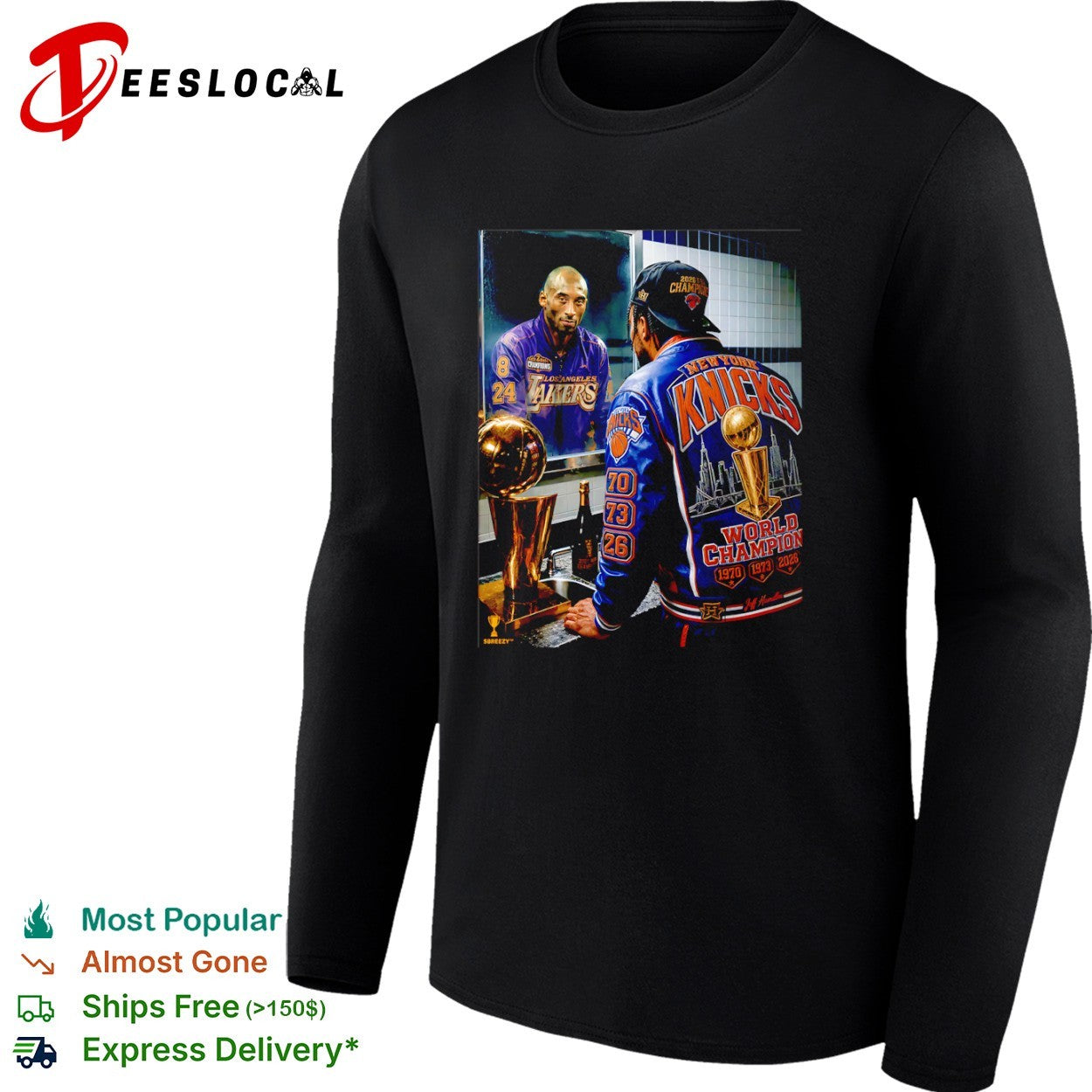 Jalen Brunson and Kobe Bryant in mirror New York Knicks NBA 2026 World Champion Jeff Hamilton shirt