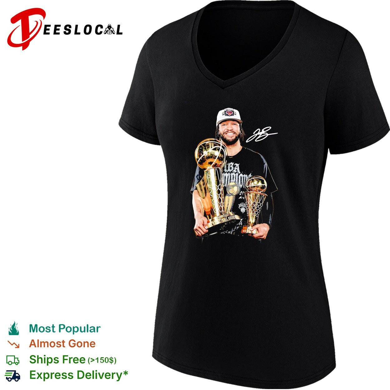 Jalen Brunson holding championship trophy and Finals MVP award double trophy celebration photo shirt