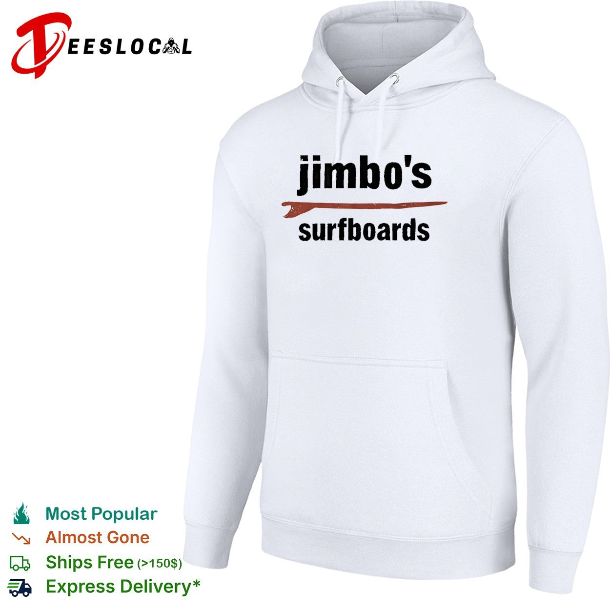Jimbo’s surfboards red surfboard minimalist text white shirt