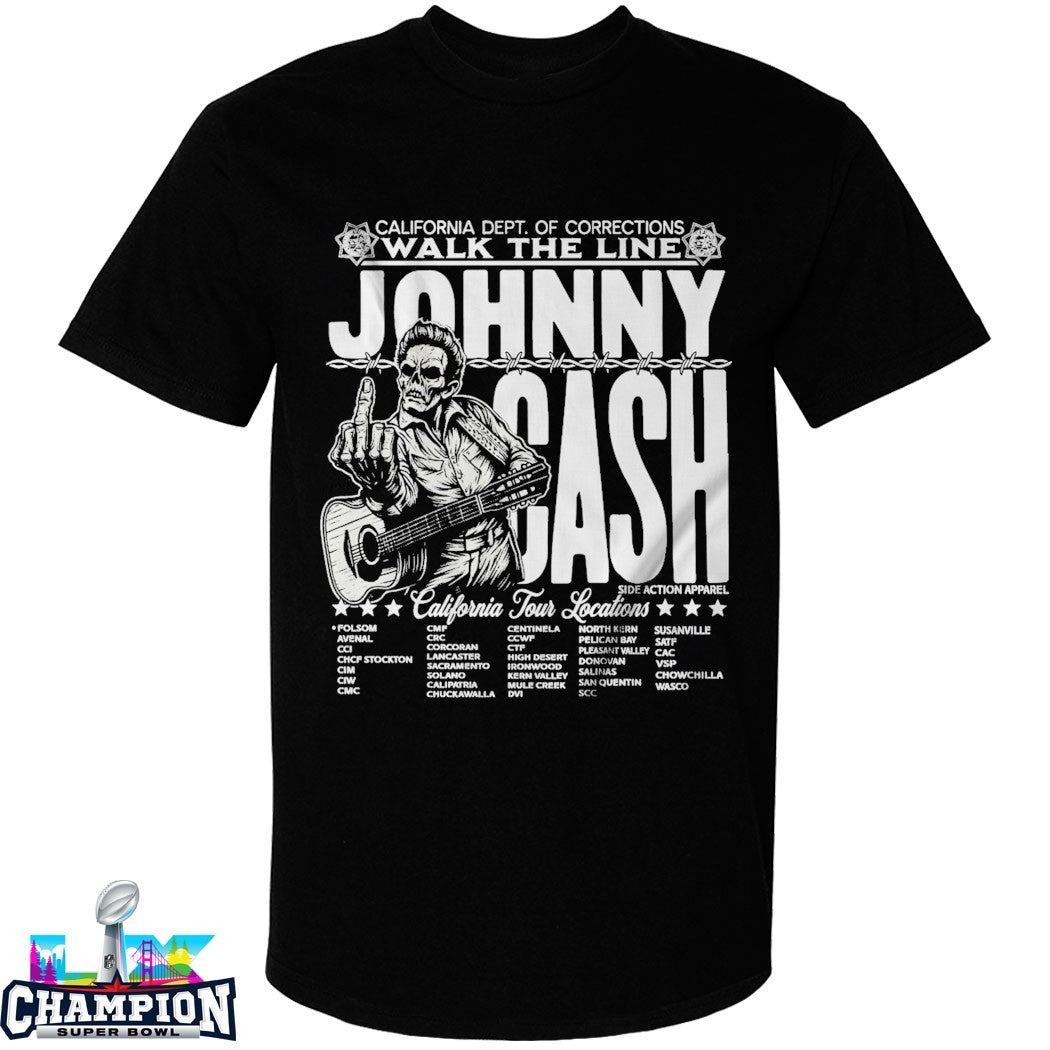 Johnny Cash X California Dept Of Corrections Walk The Line Tour Middle Finger Guitar T-shirts