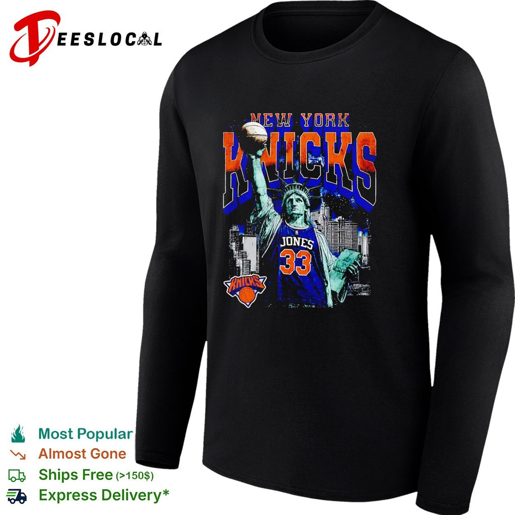Jones 33 New York Knicks Statue of Liberty skyline basketball shirt