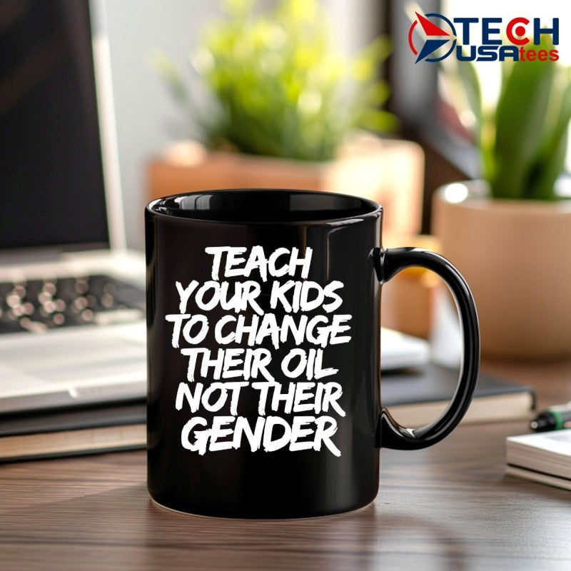 Jones Keeffe wearing teach your kids to change their oil not their gender shirt