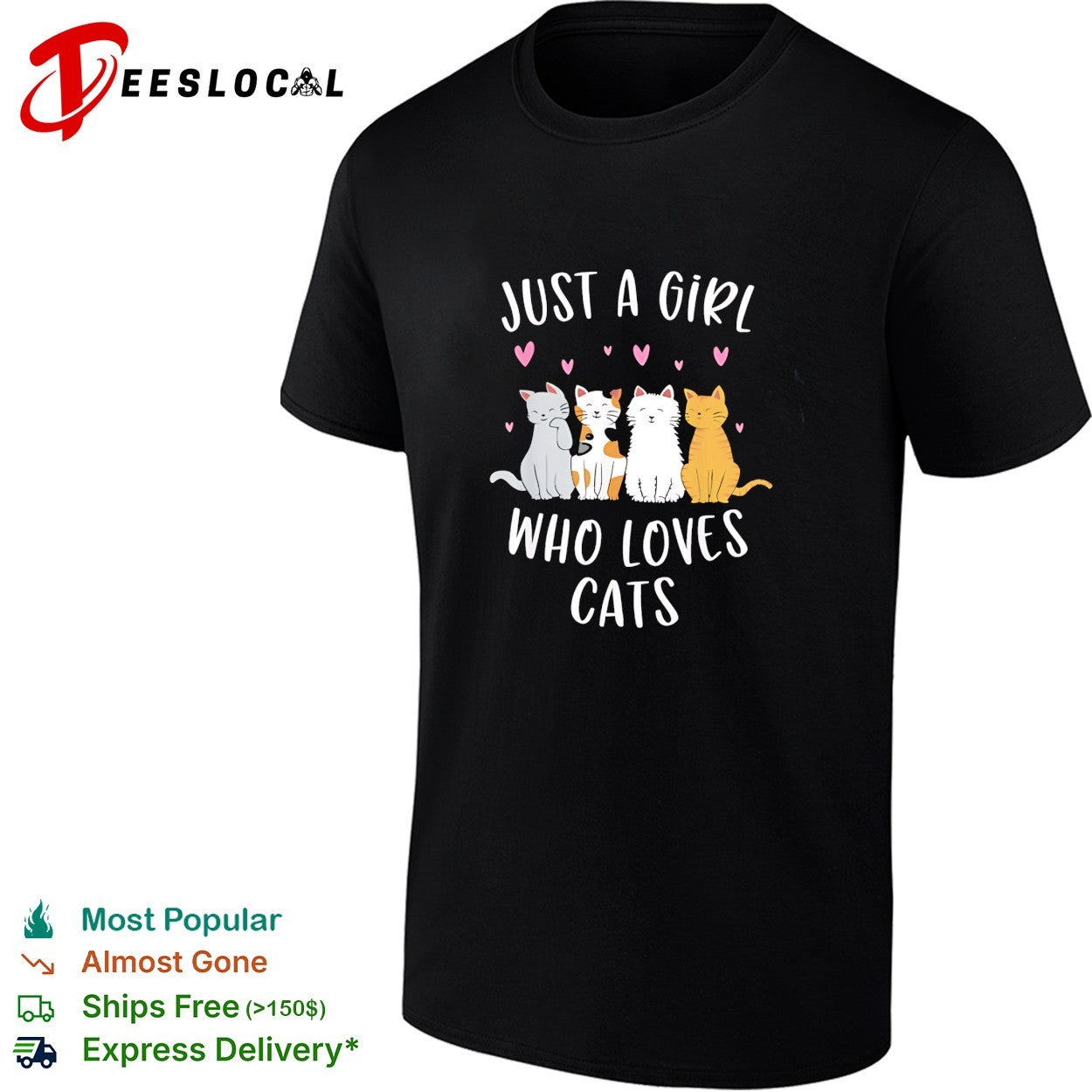 Just a girl who loves cats cute cartoon three cats hearts shirt
