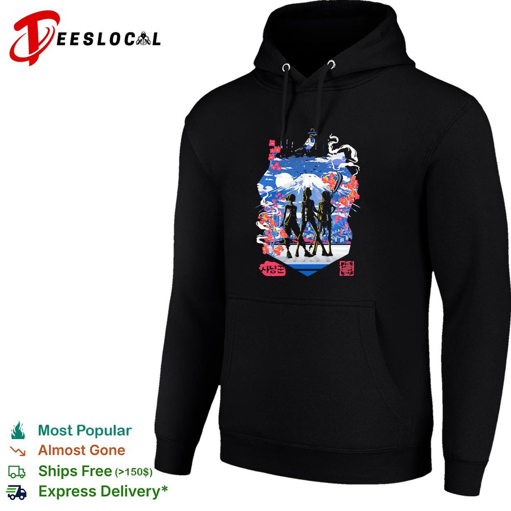 Kpop Anime squad silhouette Mount Fuji cherry blossom moonlight graphic shirt