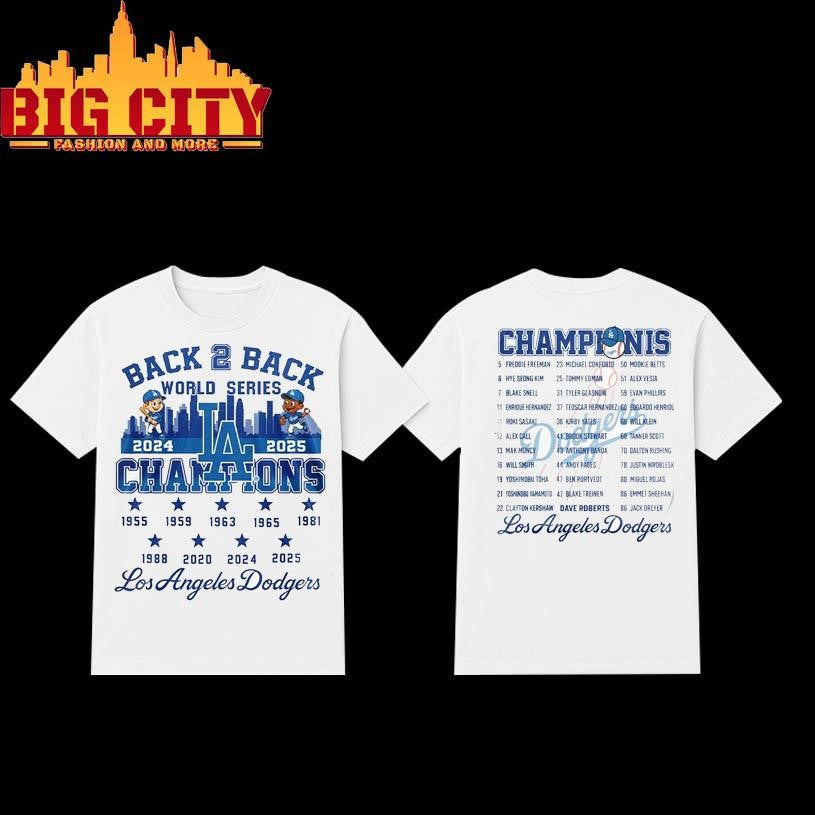 LA Dodgers Back 2 Back Champions All Team Two Sided Shirt