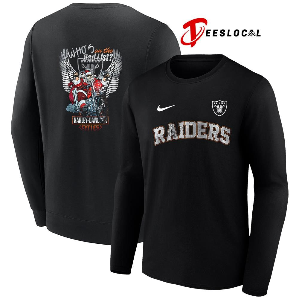 Las Vegas Raiders x Harley Davidson Santa Claus who’s on the bad list graphic shirt