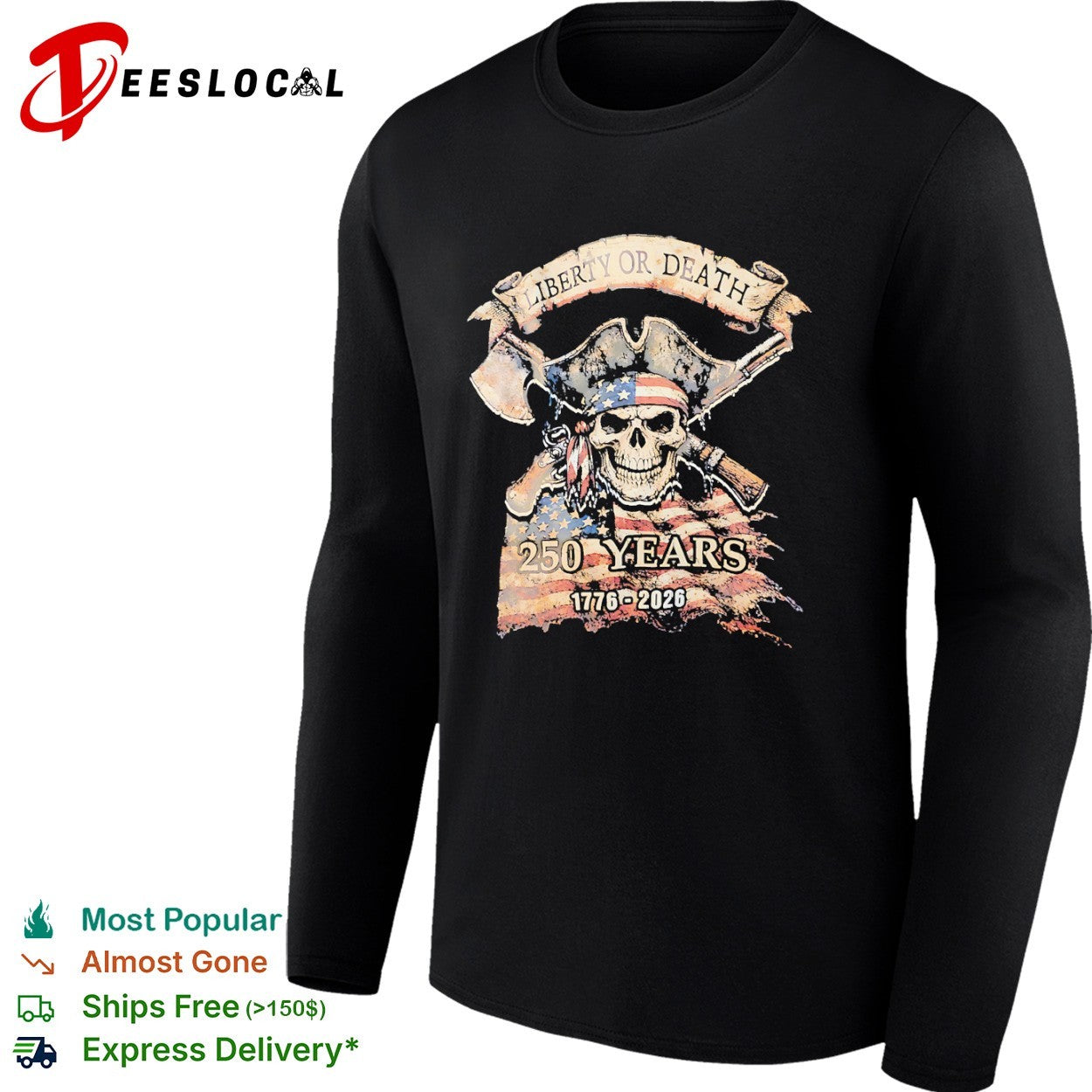 Liberty or Death 250 Years 1776 2026 American Skull Flag Patriot Independence shirt