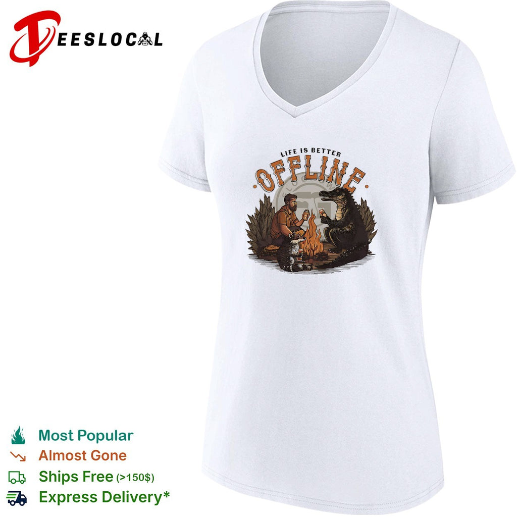 Life is better offline man and alligator roasting marshmallows campfire shirt