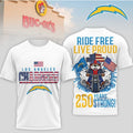 Los Angeles Chargers x Buc ee’s Ride Free Live Proud 250 Years Strong Logo Two Sided Shirt